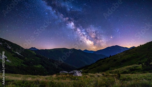 Breathtaking panorama of the Milky Way galaxy glowing above a serene mountain valley on a clear starry night