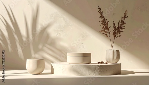 Minimalist product mockup featuring ceramic cosmetic containers on a concrete podium, with natural sunlight and plant shadows on a neutral background