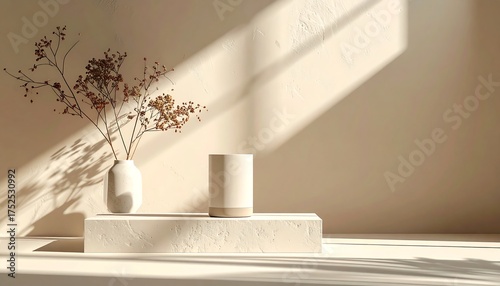 Minimalist product display mockup on a stone podium with a vase of dried botanicals, featuring natural sunlight and soft diagonal shadows