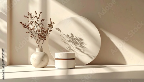 Natural cosmetic cream jar mockup on a sunlit shelf with a rustic vase of dried flowers, creating a warm, cozy, and minimalist aesthetic