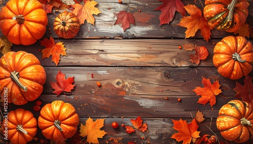 Rustic autumn background with a border of pumpkins and colorful maple leaves on a weathered wooden texture, creating a cozy harvest scene