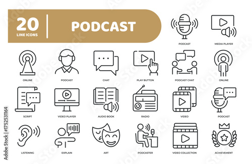 Set of collection line icons related podcast, entertainment, stream. Editable stroke. Perfect pixel on transparent background