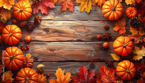 Autumnal harvest border with vibrant pumpkins and colorful fall leaves on a rustic wooden background, a warm and earthy seasonal composition