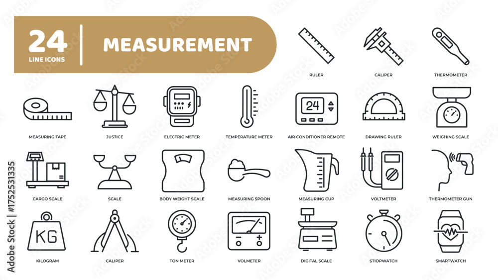 Fototapeta premium Set of collection line icons related measure, scale, measure tools. Editable stroke. Perfect pixel on transparent background