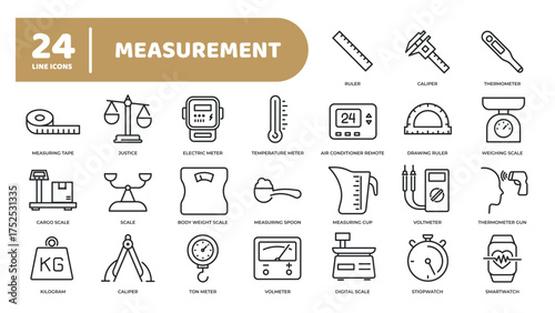 Set of collection line icons related measure, scale, measure tools. Editable stroke. Perfect pixel on transparent background