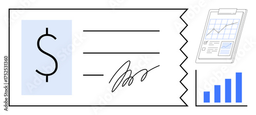 Handwritten check with dollar sign, clipboard report, and bar graph. Ideal for accounting, finance, budgeting, investments, business management payments loans. Simple flat metaphor
