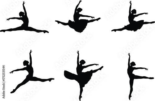 Ballet dancer silhouettes, grand jeté leaps and arabesque poses, dance performance illustration, graceful movement
