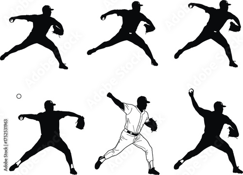 Baseball pitcher silhouettes, pitching motion sequence, wind-up to release, sports action illustration, athletic movement study, baseball player art, competition performance