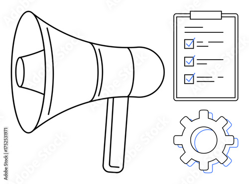 Megaphone for announcements, checklist with multiple tasks, and gear for operations. Ideal for teamwork, organization, productivity, workflow, communication collaboration strategy. Simple flat