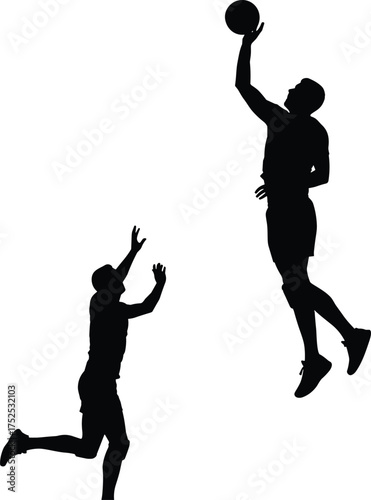 Basketball players silhouette action, dunking shooting blocking defense, competitive sports match, athletic movement illustration, dynamic jump pose, teamwork competition, game motion study