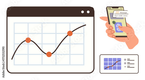 Smartphone scanning authentication code, browser tab with connected rising graph. Ideal for analytics, cybersecurity, technology, data safety, finance, growth strategies, and digital innovation