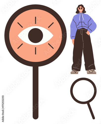 Magnifying glass with an eye at its center alongside a casual woman in modern attire. Ideal for vision, fashion, observation, insight, individuality, creativity, lifestyle. A simple flat metaphor