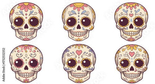 Six decorated sugar skulls arranged in two rows feature colorful floral and heart designs with dark circular eye sockets
