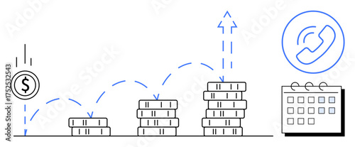 Coin stacking into higher piles represents financial growth. Includes dollar icon, arrow symbolizing progress, calendar for planning, and phone for communication. Ideal for finance, investment