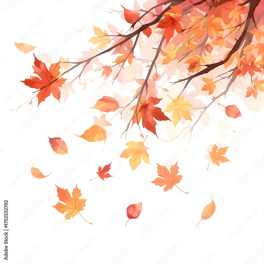 Fototapeta premium Autumnal Branch: A vivid illustration captures the essence of autumn, with a branch adorned in rich, vibrant. isolated on transparent background Generative AI.