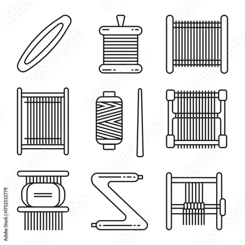 Traditional weaving shuttle and loom thread spools vector set of line art icons. Spare parts for the needlework crafting, fabric, and textile industry.