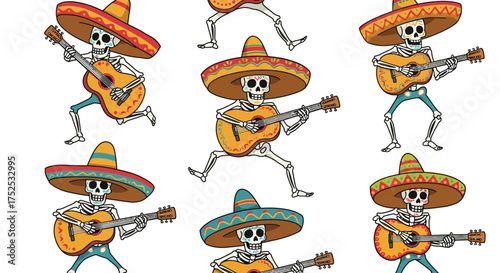 Skeletons in sombreros play guitars a festive repetitive pattern