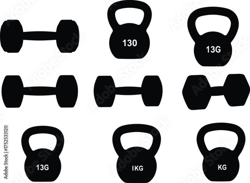 Dumbbell and kettlebell silhouettes, fitness weights collection, gym equipment illustration, workout training icons, strength exercise design, bodybuilding gear, wellness lifestyle art