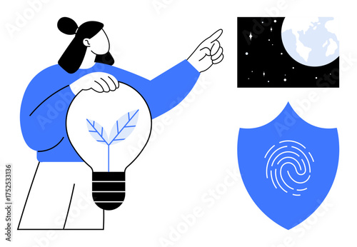 Person holding energy-efficient lightbulb with a leaf, pointing to Earth in space. Shield with fingerprint emphasizes security, biometrics, and trust. Ideal for sustainability, innovation