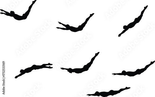 Diving silhouettes, athlete dive sequence, water sports illustration, swimming competition art, graceful motion study, aquatic performance design, athletic biomechanics, dynamic movement