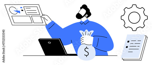 Man holding money sack while analyzing charts on digital interface, accompanied by a laptop, document, and gear. Ideal for finance, budgeting, investment, business strategy, digital tools analytics