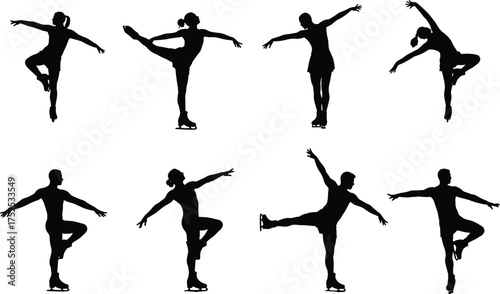 Figure skater silhouettes, ice skating poses and spins, winter sports illustration, graceful movement, athletic balance, artistic choreography, performance art design