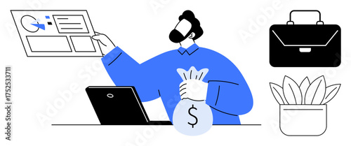 Professional analyzing financial data with a money bag, laptop, and briefcase near potted plant. Ideal for finance, investment, business growth, savings, entrepreneurship, workplace success