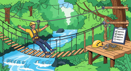 Adventurous thrill-seeker conquers the rope bridge course amidst lush forest scenery