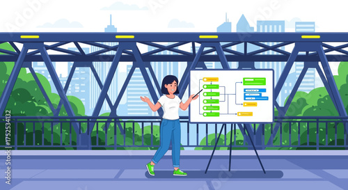 Energetic speaker presenting business flow chart during outdoor conference