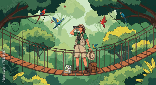 Adventurous ornithologist discovering wildlife on a jungle canopy bridge excursion