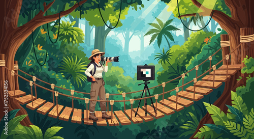 Female wildlife photographer with camera on suspension bridge in vibrant jungle