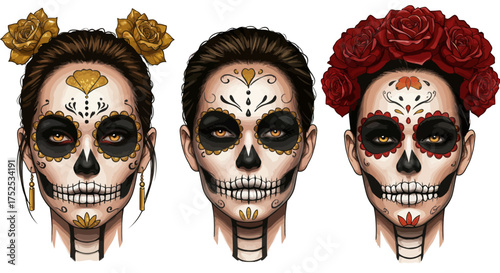 Three faces with sugar skull makeup adorned with flowers