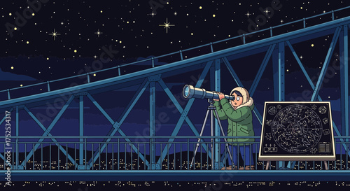 Illustration of stargazing adventure on a bridge under the night sky full of stars
