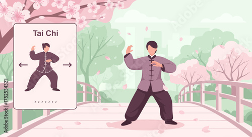 Man practicing Tai Chi on a picturesque bridge surrounded by blooming cherry blossoms