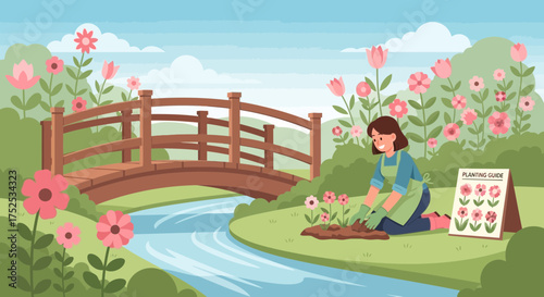 A serene landscape with a woman planting flowers by a stream and wooden bridge