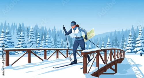 Woman's Cross-Country Skiing Adventure Through a Snowy Winter Wonderland Forest