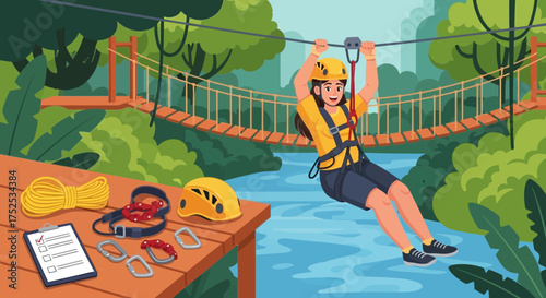 Cartoon style illustration of a woman enjoying a zipline adventure in a lush landscape