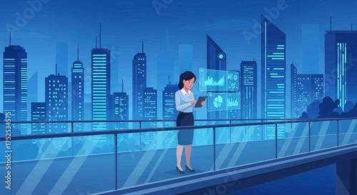 Futuristic financial analyst overlooking digital charts in a vibrant cityscape