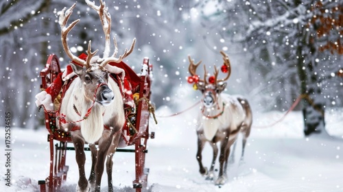 Christmas Sleigh and Reindeer: Iconic Symbols of Holiday Magic – Showcasing Festive Designs, Snow-Dusted Details, and Whimsical Charm for Christmas Decor, Greeting Cards, and Seasonal Displays, Captur