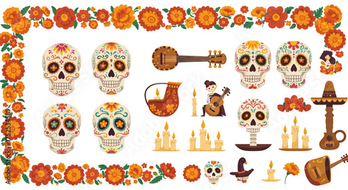 Vivid frame of sugar skulls guitars candles  flowers vibrant  festive