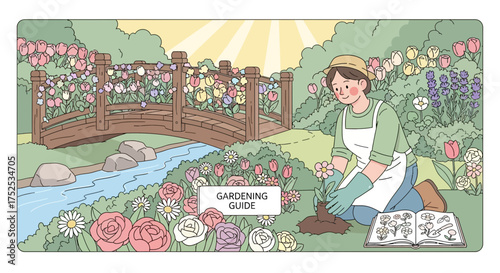 A blissful day in the garden: Nurturing flowers and a serene waterscape illustrated