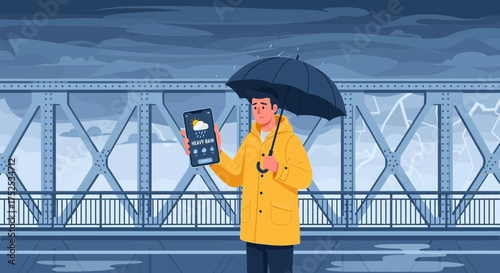 Dismayed man with an umbrella checks severe weather forecast amid stormy skies