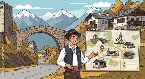 Charming cartoon depiction of a tour guide presenting a map against a scenic mountain landscape