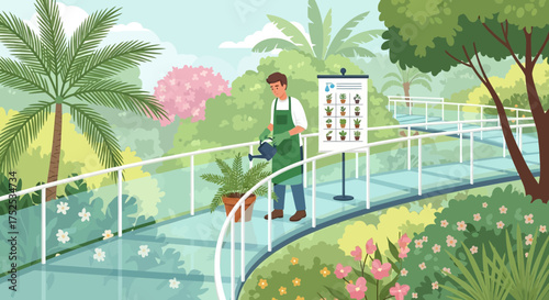 Gardener caring for plants in a tranquil botanical garden with lush greenery