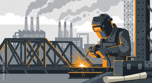 Illustrative portrayal of a welder at work in a stylized industrial environment