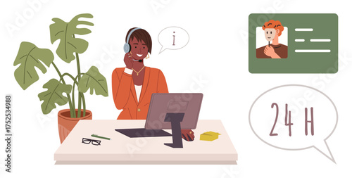 Smiling agent wearing a headset at desk with computer, communication icons, and plant. Ideal for customer support, help desk, 247 services, communication, teamwork, remote work simple flat metaphor