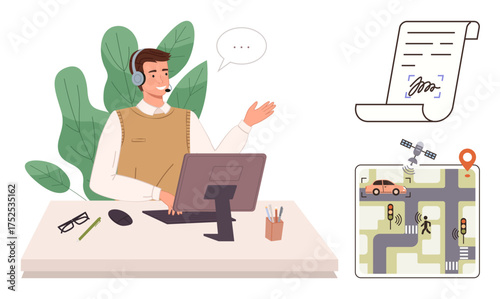 Man with headset explaining tools at desk with digital document and navigation map. Ideal for technology, customer service, communication, online support, navigation, digital solutions, simple flat