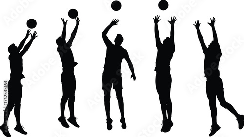 Silhouette athlete jumping to hit ball, volleyball spike motion sequence, basketball rebound action, sports training illustration, athletic movement, dynamic jump pose