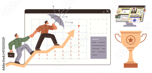 Business partners climbing an upward graph. One shields from arrows with an umbrella. Includes a trophy and laptop monitor. Ideal for teamwork, leadership, growth, challenges, solutions, success