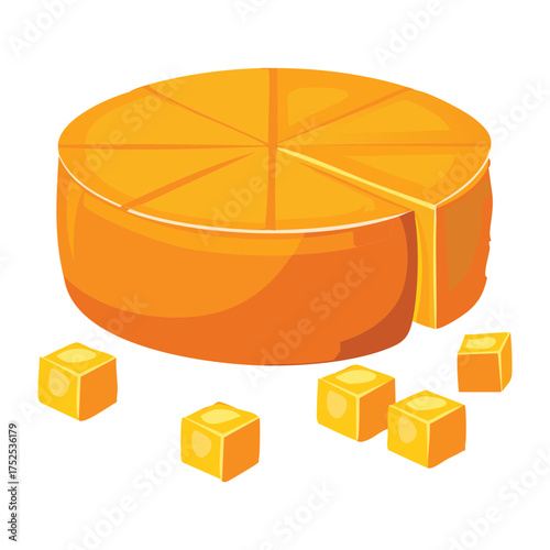 A large, round wheel of orange cheddar cheese accompanied by perfectly cut small cubes for a party or tasting event - Vector Illustration